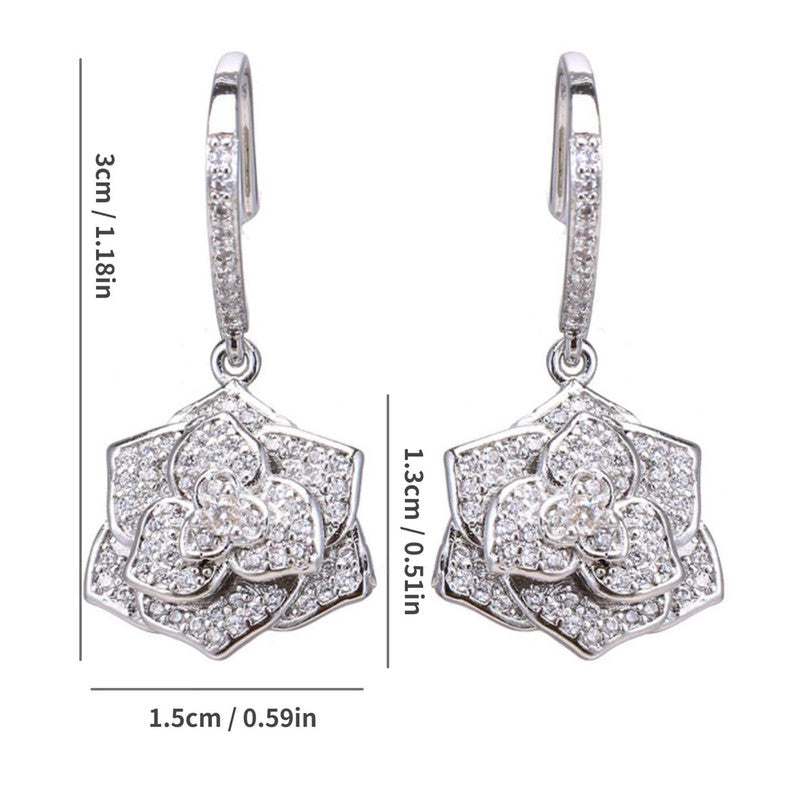 Silver Plated Anti Tarnish American Diamond Studded Floral Rose themed Drop Earrings