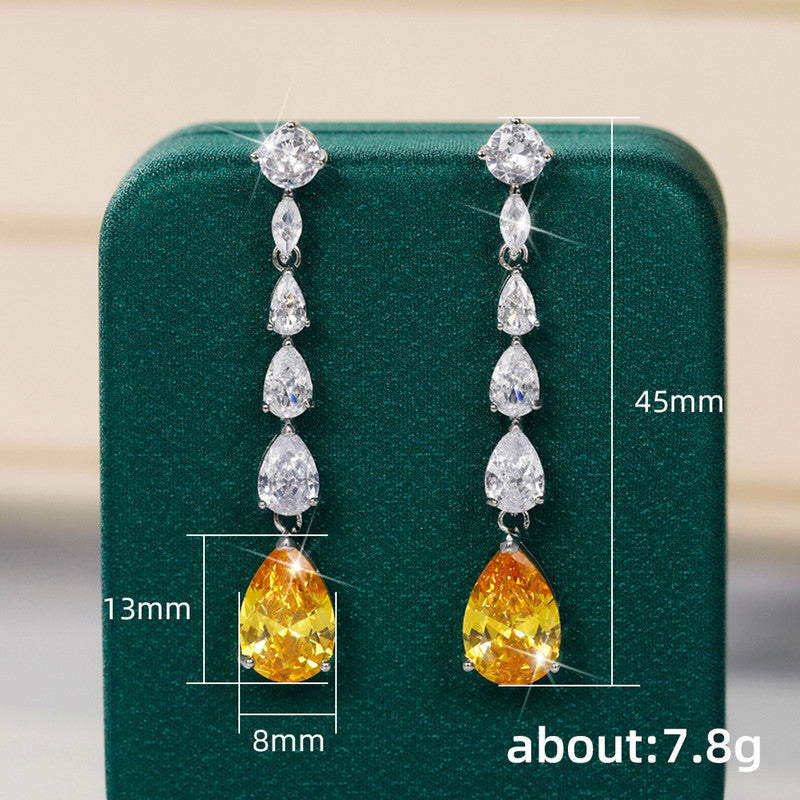 Silver Plated Anti Tarnish American Diamond Studded Yellow Teardrop Shape Crushed Ice Cut Drop Earrings