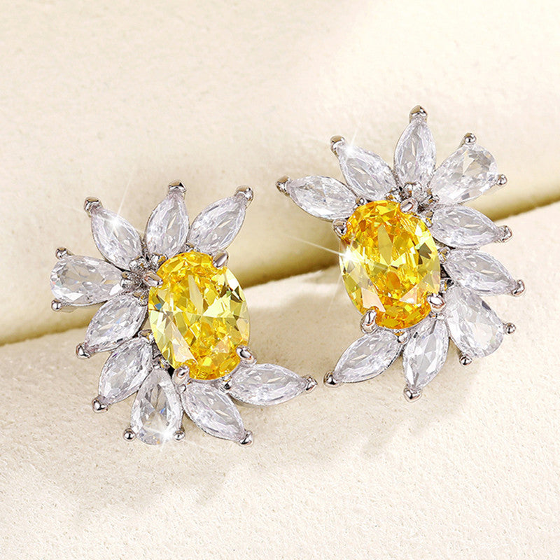 Silver Plated American Diamond Studded Anti Tarnish Yellow Crushed Ice Cut Stud Earrings