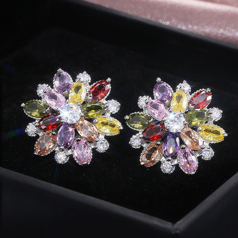 Silver Plated Anti Tarnish AD Studded Multicolor Floral Silver Stud Earrings