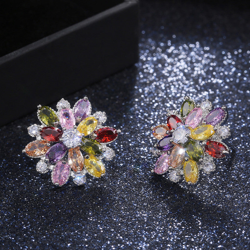 Silver Plated Anti Tarnish AD Studded Multicolor Floral Silver Stud Earrings
