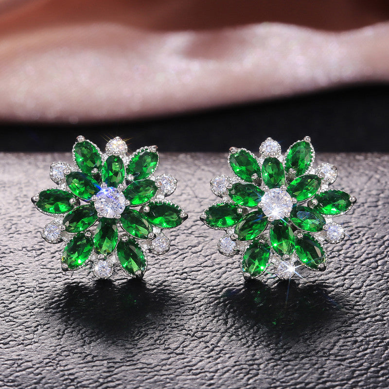 Silver Plated Anti Tarnish American Diamond Studded Green Floral Silver Stud Earrings