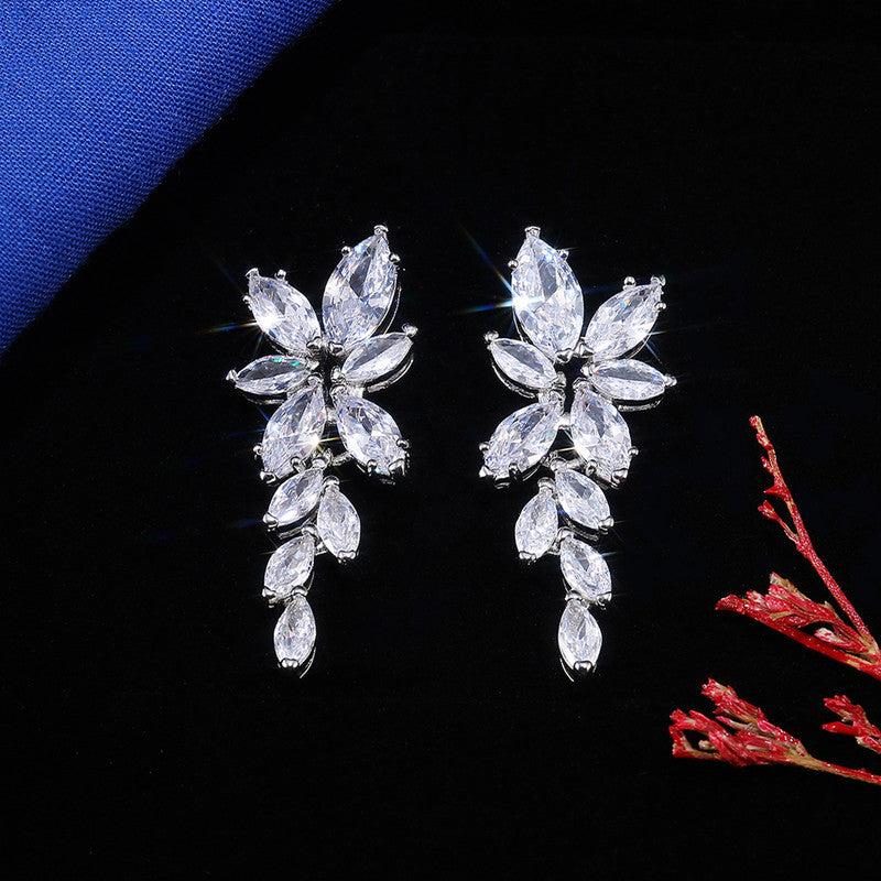 Silver Plated American Diamond Studded Floral Themed Drop Earrings