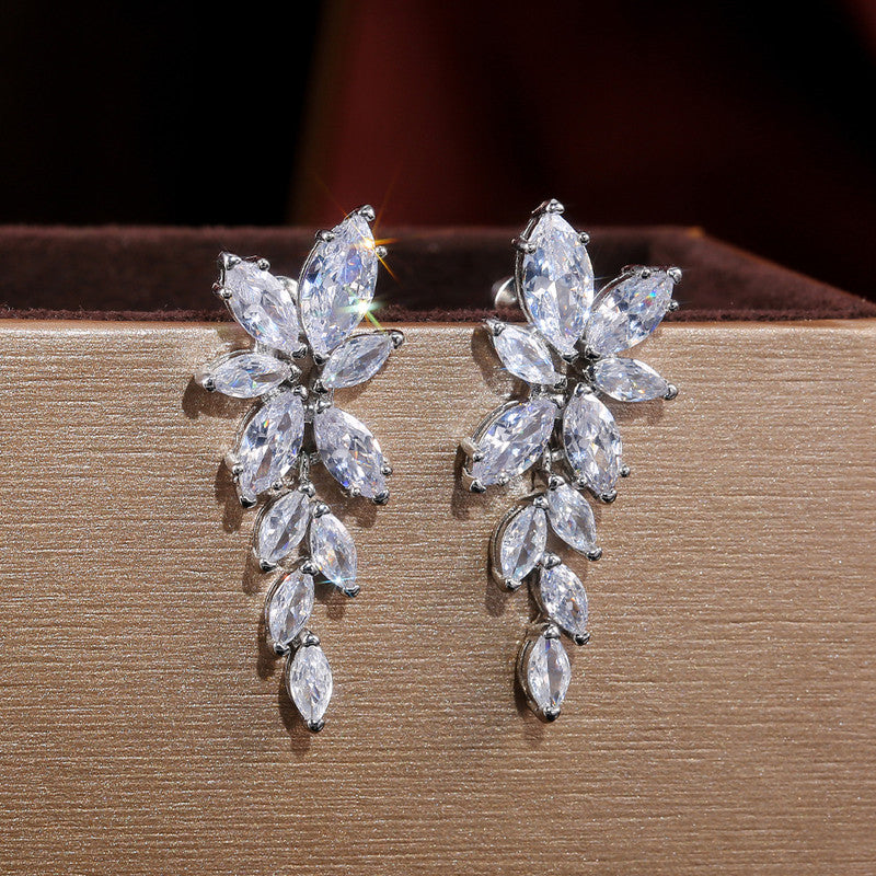 Silver Plated American Diamond Studded Floral Themed Drop Earrings