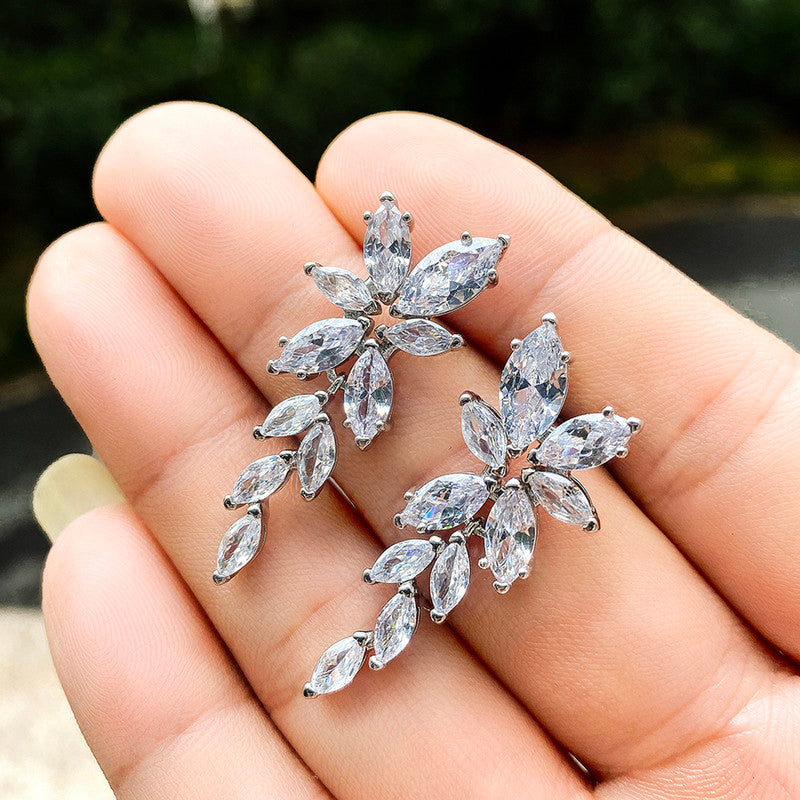 Silver Plated American Diamond Studded Floral Themed Drop Earrings