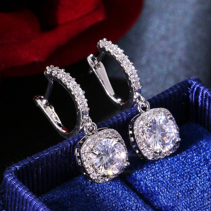 Silver Plated Anti Tarnish American Diamond Studded Rectangular Crushed Ice Cut Drop Earrings