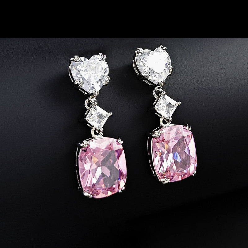 Silver Plated Anit Tarnish American Diamond Studded Pink Heart inspired Crushed Ice Cut Drop Earrings