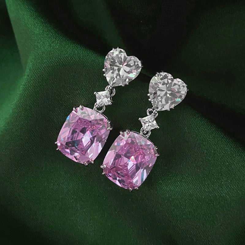 Silver Plated Anit Tarnish American Diamond Studded Pink Heart inspired Crushed Ice Cut Drop Earrings