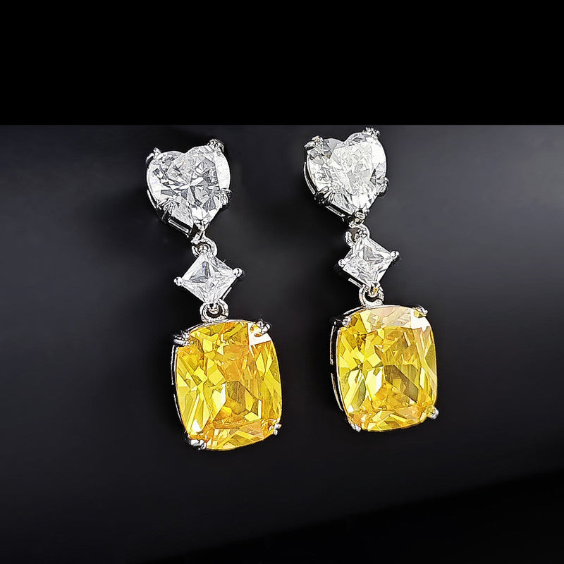Silver Plated Anit Tarnish American Diamond Studded Yellow Heart inspired Crushed Ice Cut Drop Earrings