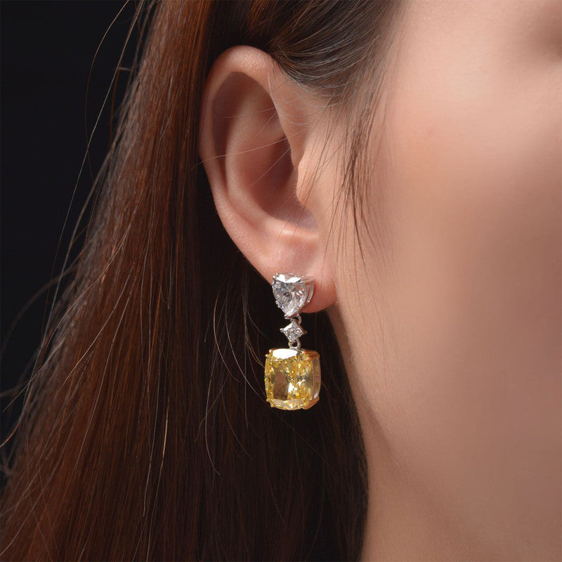 Silver Plated Anit Tarnish American Diamond Studded Yellow Heart inspired Crushed Ice Cut Drop Earrings