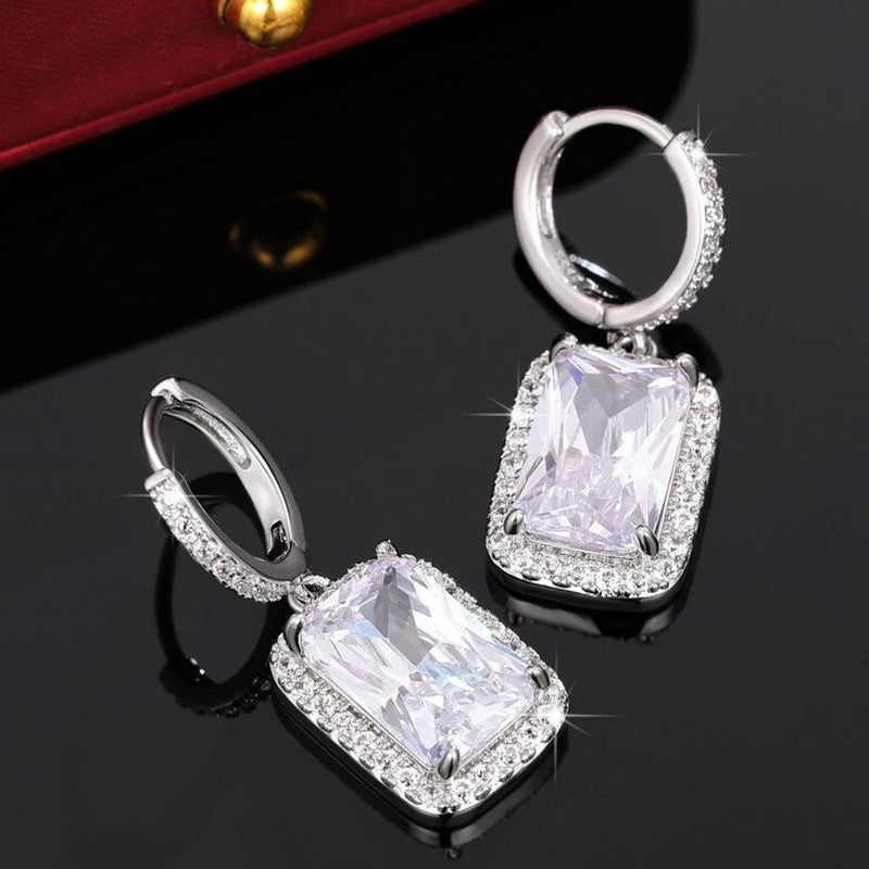 Silver Plated AD Studded Geometric Crushed Ice Cut Hoops Earrings
