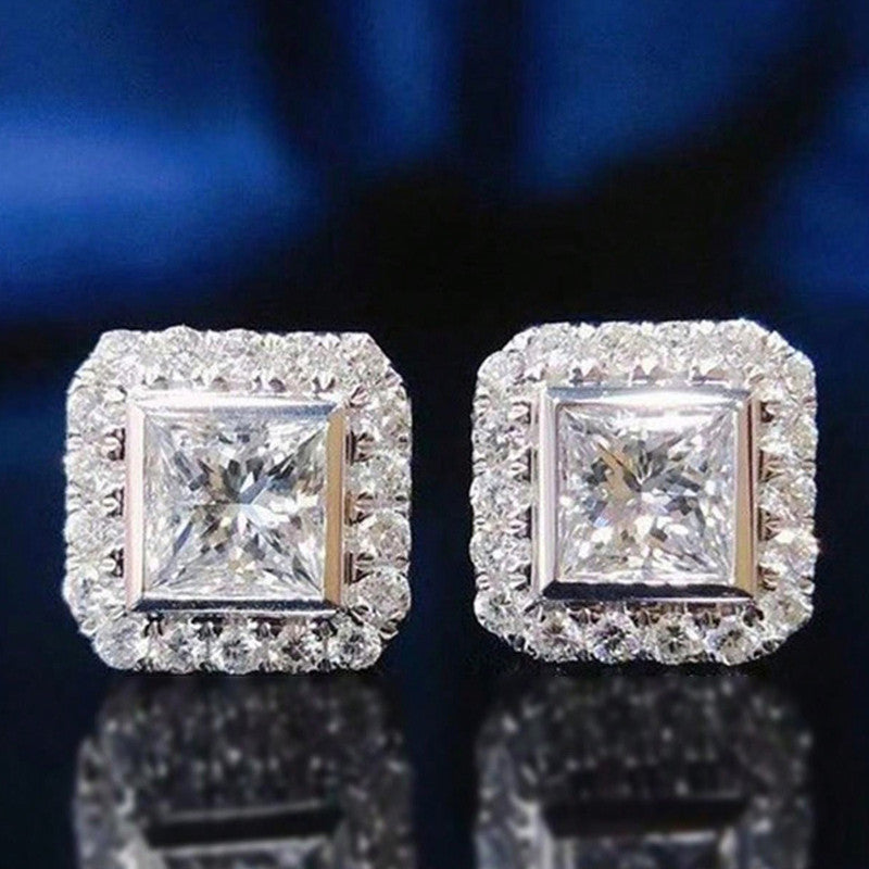Silver Plated American Diamond Contemporary Crushed Ice Cut Stud Earrings