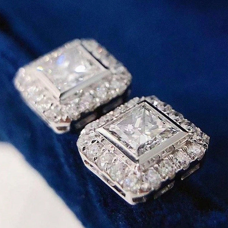 Silver Plated American Diamond Contemporary Crushed Ice Cut Stud Earrings