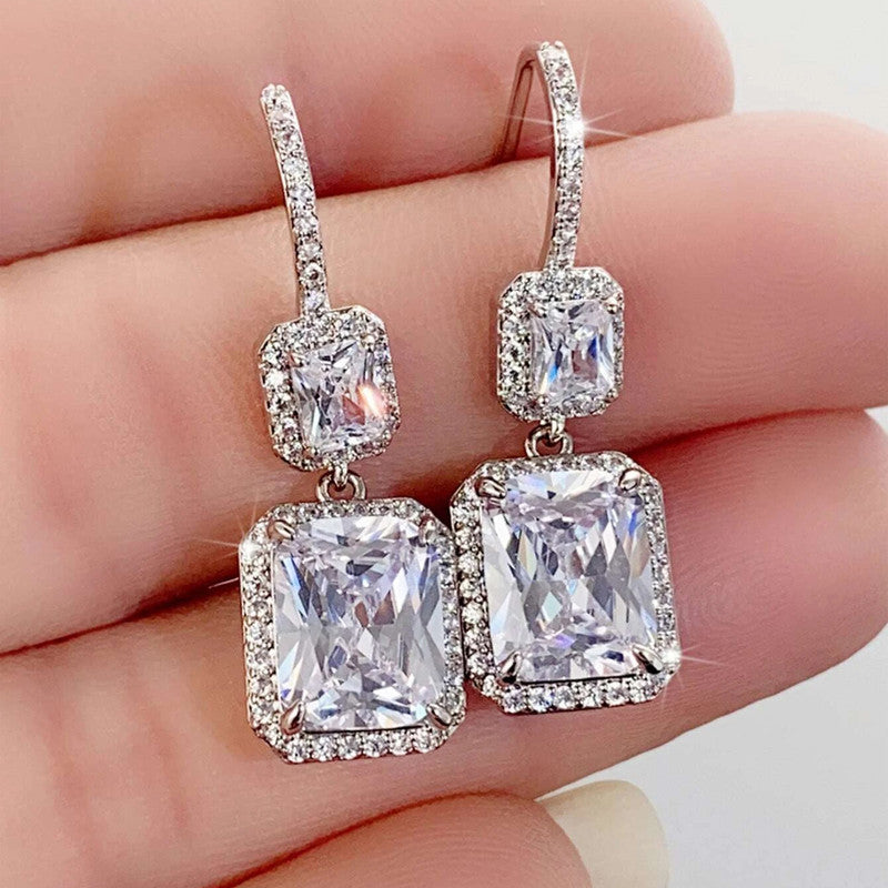 Silver Plated American Diamond Geometric Crushed Ice Cut Drop Earrings