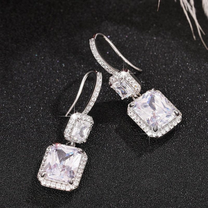 Silver Plated American Diamond Geometric Crushed Ice Cut Drop Earrings