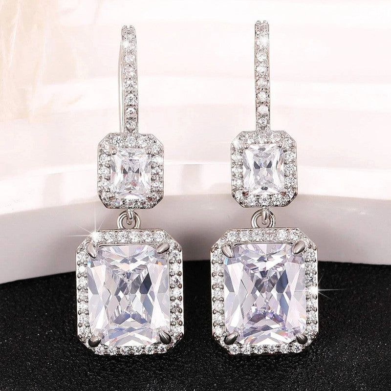 Silver Plated American Diamond Geometric Crushed Ice Cut Drop Earrings
