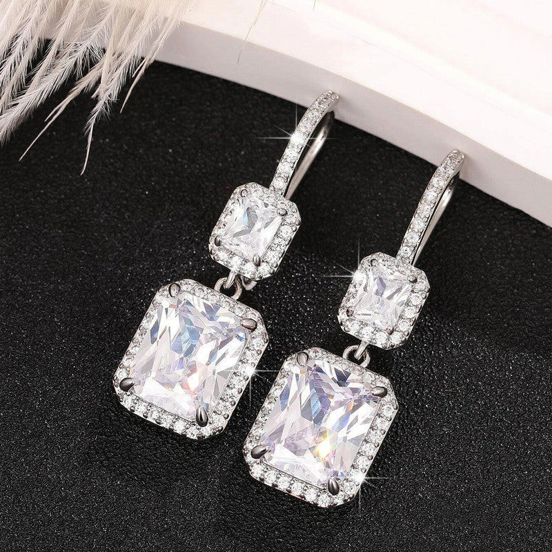 Silver Plated American Diamond Geometric Crushed Ice Cut Drop Earrings