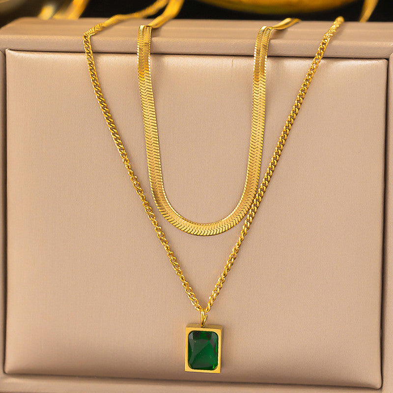 Gold-Plated Anti Tarnish Green Emerald Geometric Layered Necklace