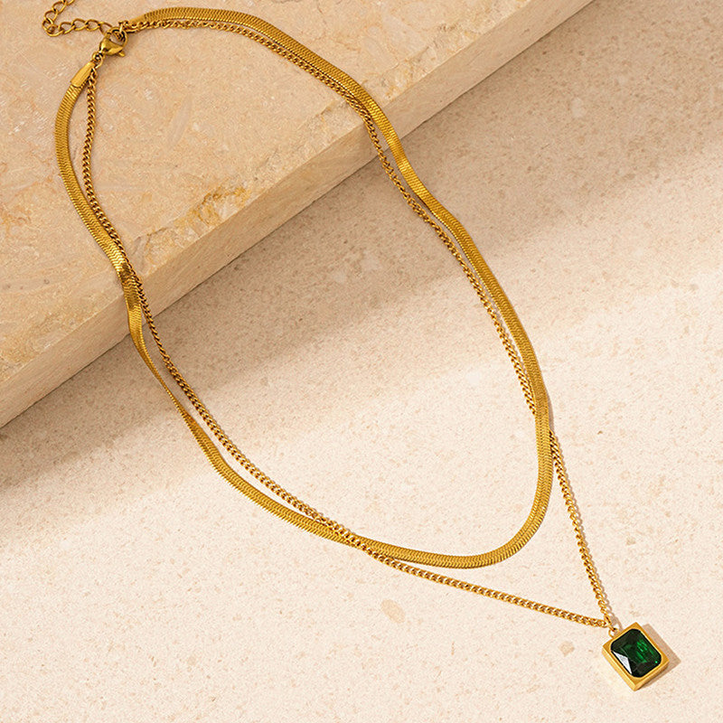 Gold-Plated Anti Tarnish Green Emerald Geometric Layered Necklace