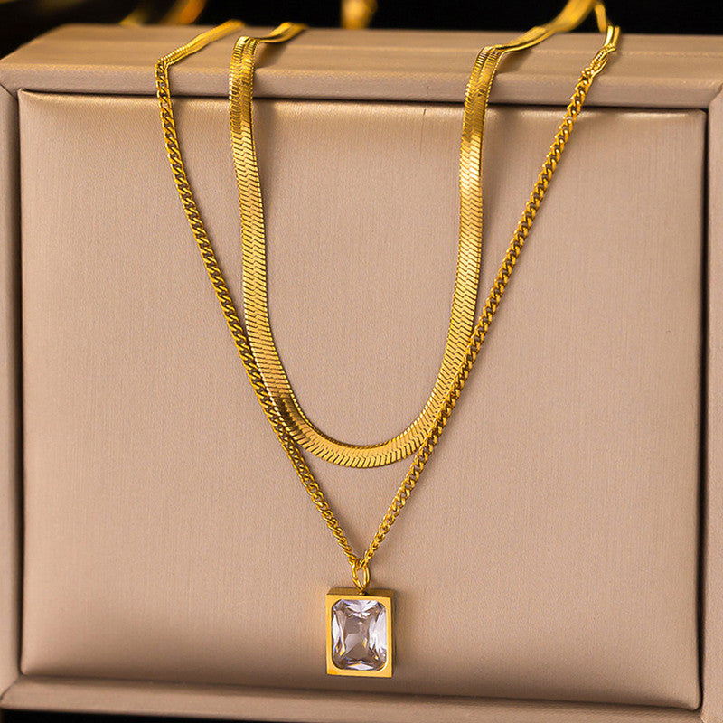 Gold-Plated Anti Tarnish White Emerald Geometric Layered Necklace