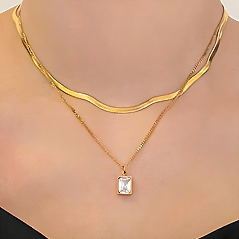 Gold-Plated Anti Tarnish White Emerald Geometric Layered Necklace