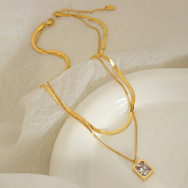 Gold-Plated Anti Tarnish White Emerald Geometric Layered Necklace