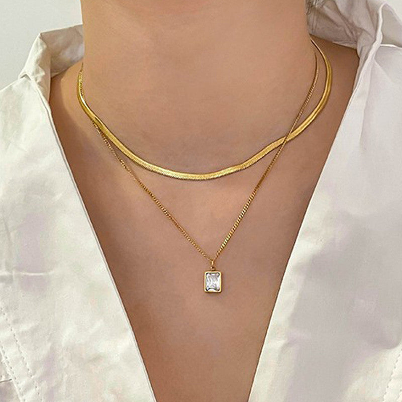 Gold-Plated Anti Tarnish White Emerald Geometric Layered Necklace