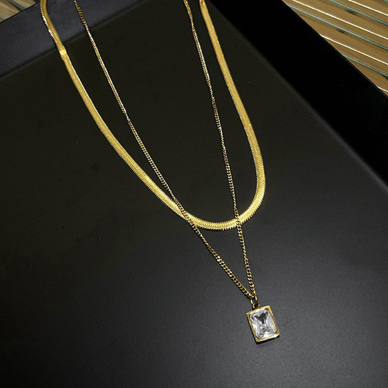 Gold-Plated Anti Tarnish White Emerald Geometric Layered Necklace