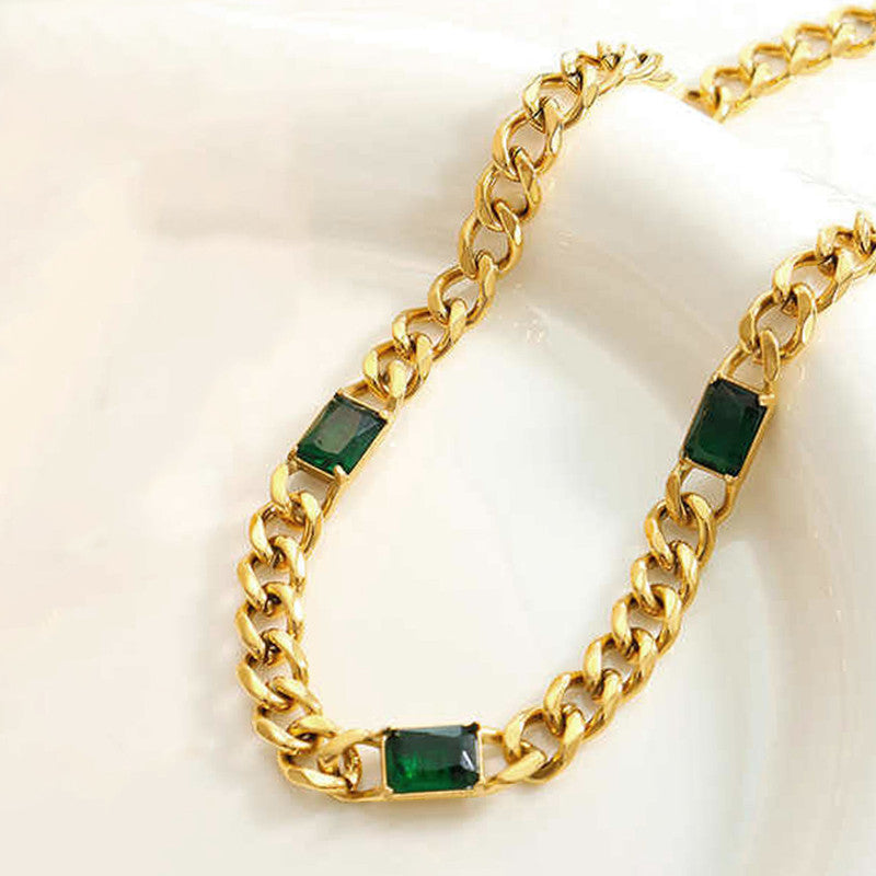 Gold Plated Stainless Steel Anti Tarnish Green Crystals Cuban Necklace