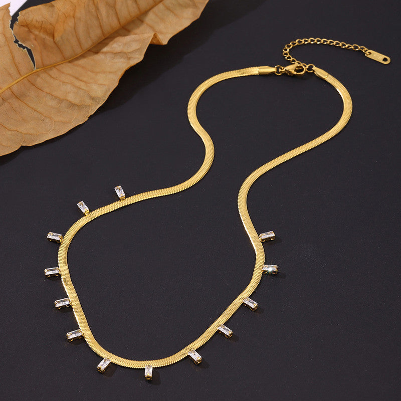 Gold Plated Stainless Steel Anti Tarnish Snake Chain Gold Stone Studded Necklace