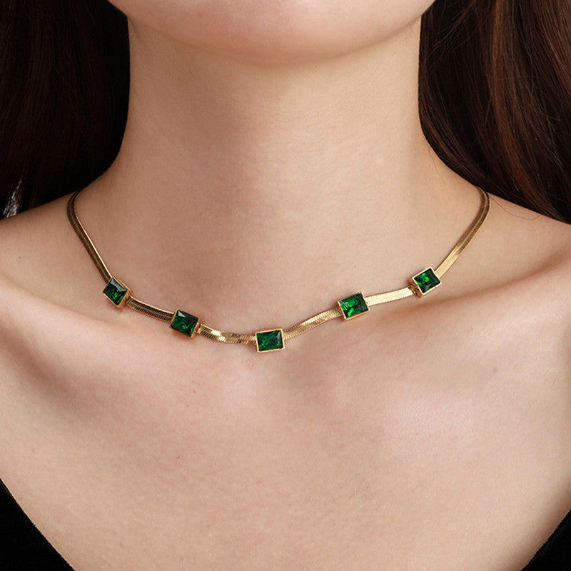 Gold Plated Stainless Steel Anti Tarnish Snake Chain Green Emerald Studded Necklace
