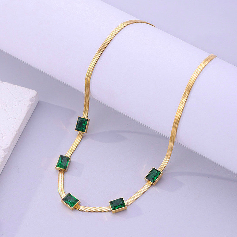 Gold Plated Stainless Steel Anti Tarnish Snake Chain Green Emerald Studded Necklace