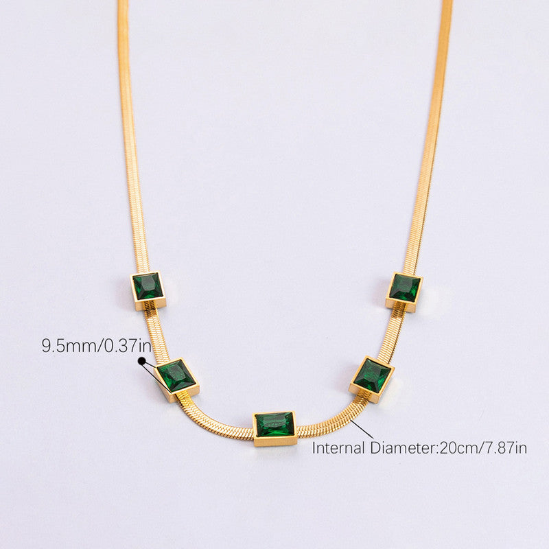 Gold Plated Stainless Steel Anti Tarnish Snake Chain Green Emerald Studded Necklace