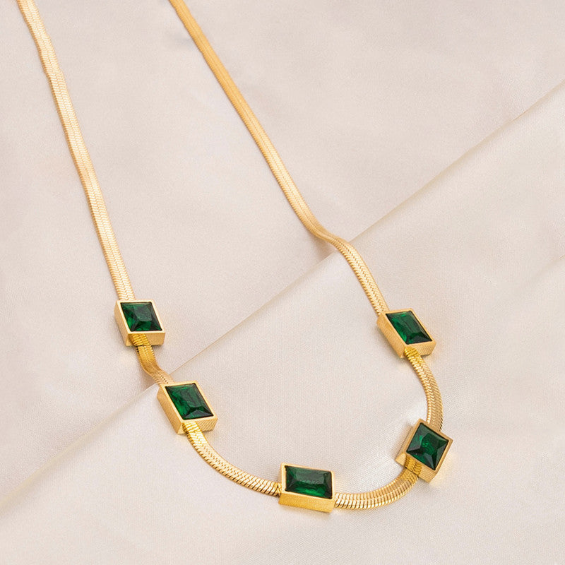 Gold Plated Stainless Steel Anti Tarnish Snake Chain Green Emerald Studded Necklace