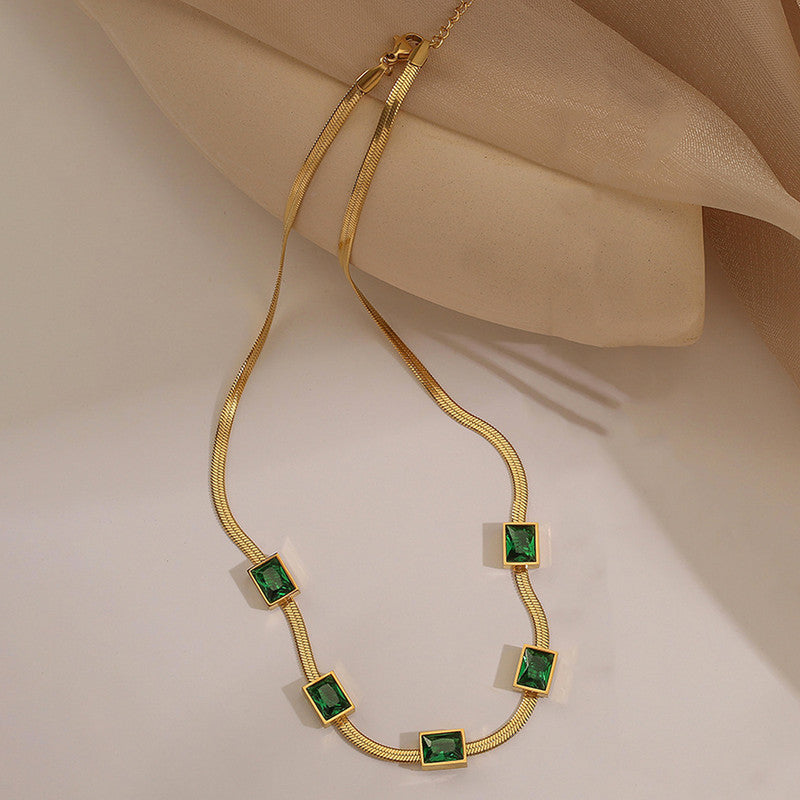 Gold Plated Stainless Steel Anti Tarnish Snake Chain Green Emerald Studded Necklace