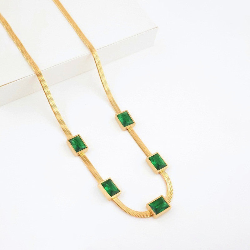 Gold Plated Stainless Steel Anti Tarnish Snake Chain Green Emerald Studded Necklace