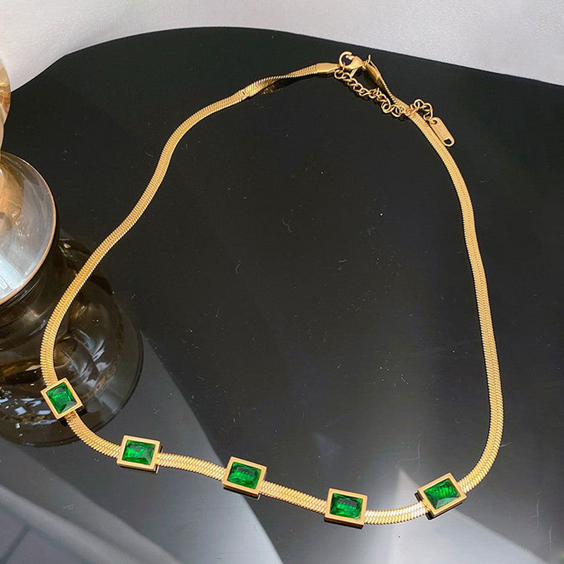 Gold Plated Stainless Steel Anti Tarnish Snake Chain Green Emerald Studded Necklace