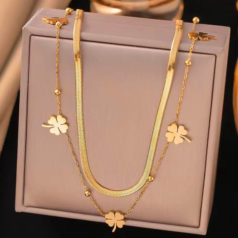 Gold Plated Anti Tarnish Stainless Steel Clover Themed Layered Necklace
