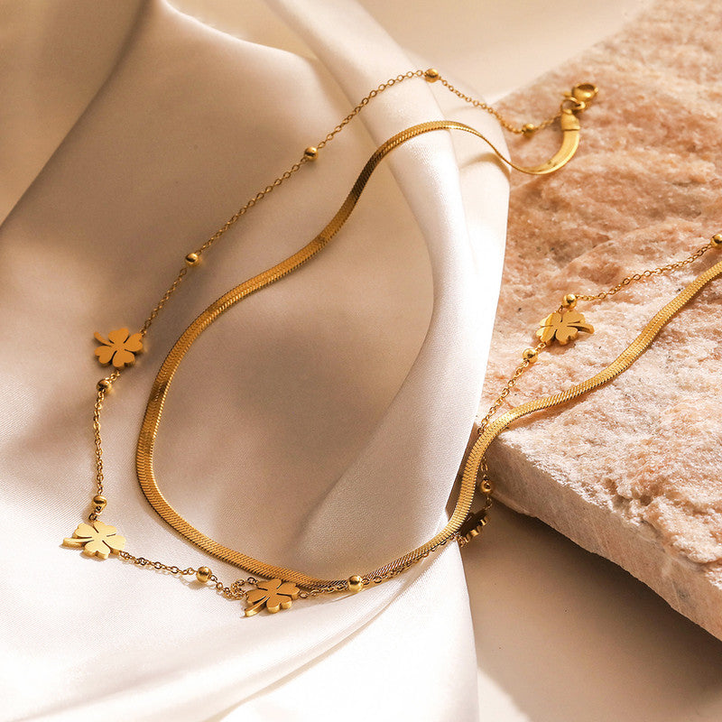 Gold Plated Anti Tarnish Stainless Steel Clover Themed Layered Necklace