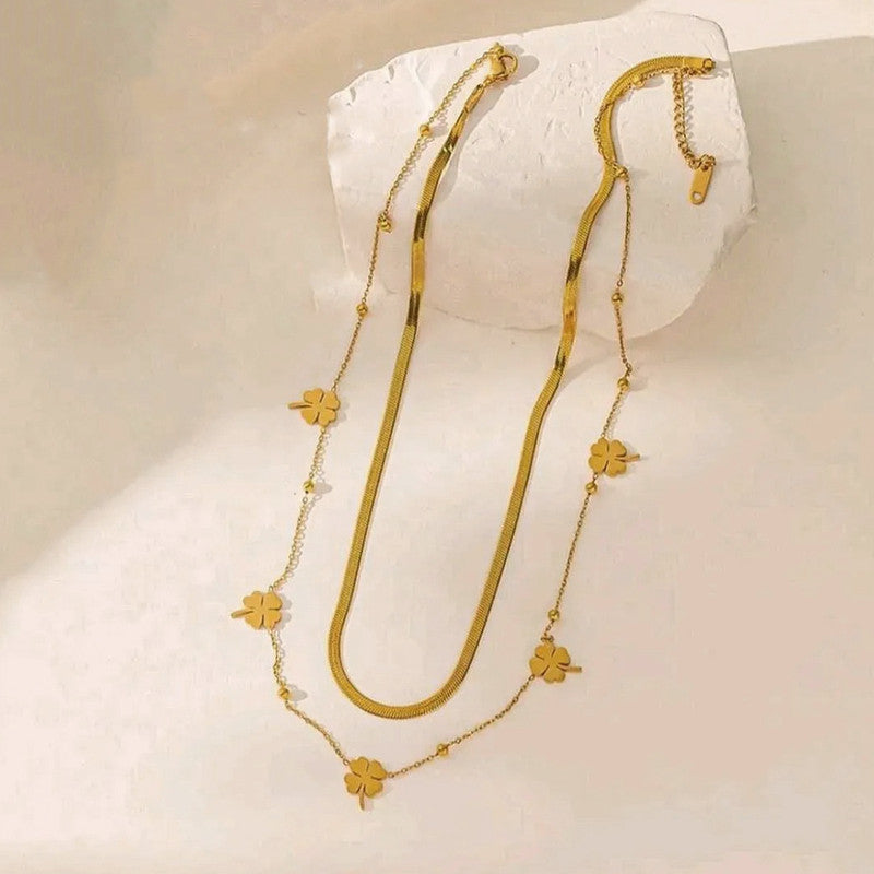 Gold Plated Anti Tarnish Stainless Steel Clover Themed Layered Necklace