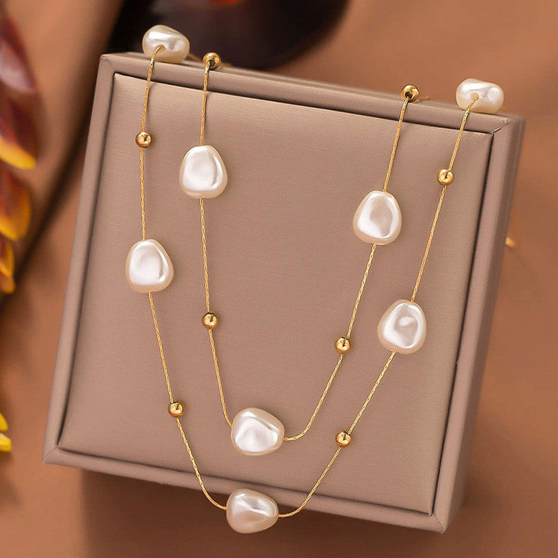 Gold Plated Anti Tarnish Stainless Steel Pearl Studded Layered Necklace