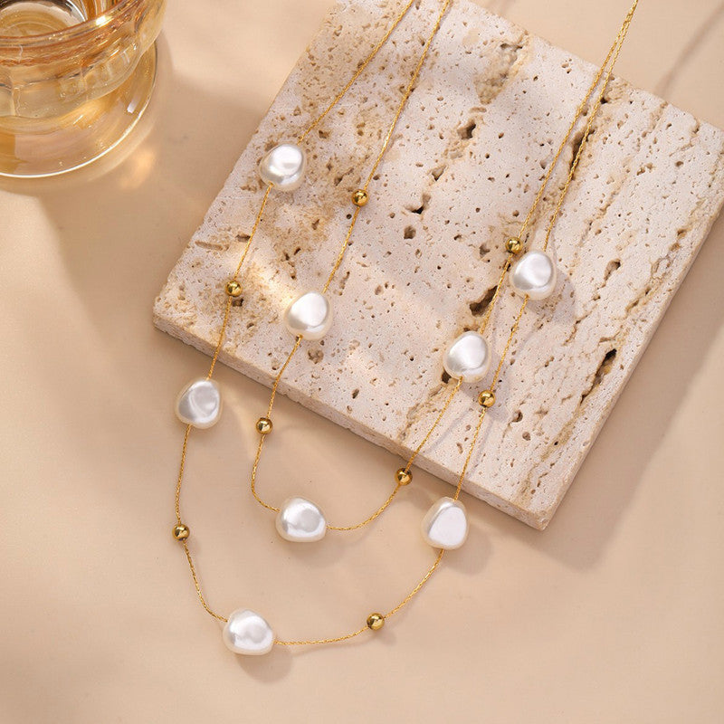 Gold Plated Anti Tarnish Stainless Steel Pearl Studded Layered Necklace