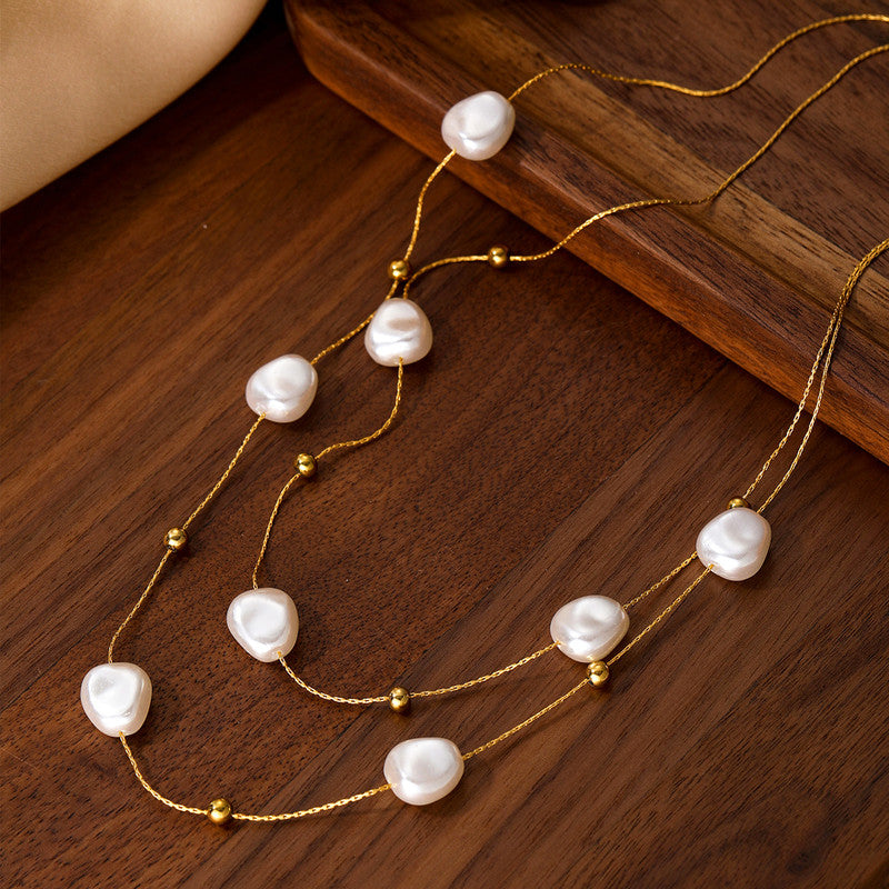 Gold Plated Anti Tarnish Stainless Steel Pearl Studded Layered Necklace