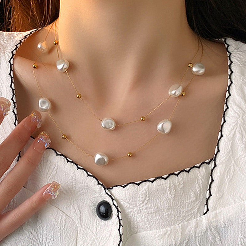 Gold Plated Anti Tarnish Stainless Steel Pearl Studded Layered Necklace