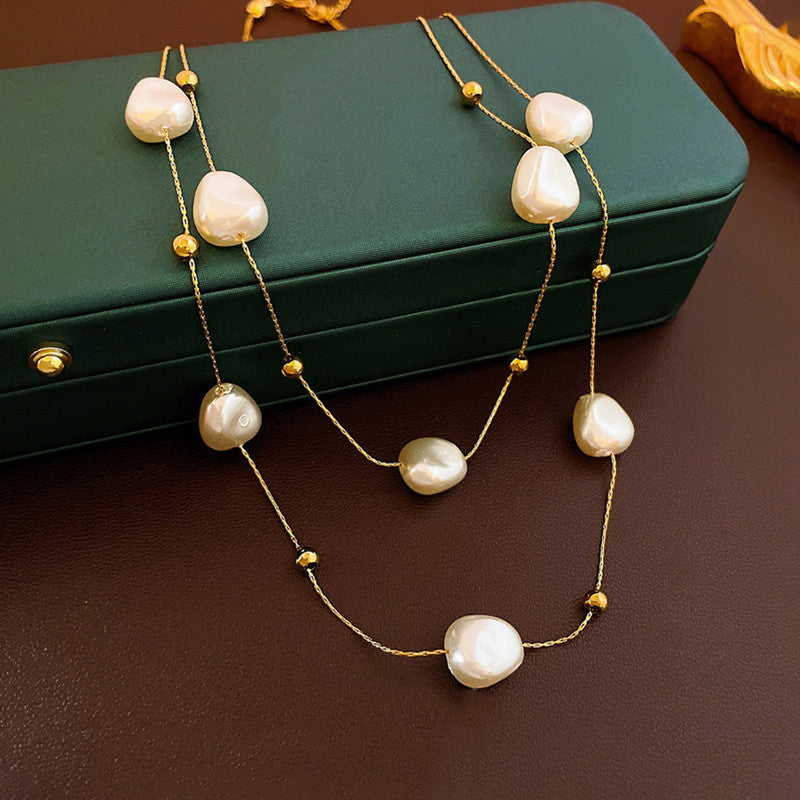 Gold Plated Anti Tarnish Stainless Steel Pearl Studded Layered Necklace
