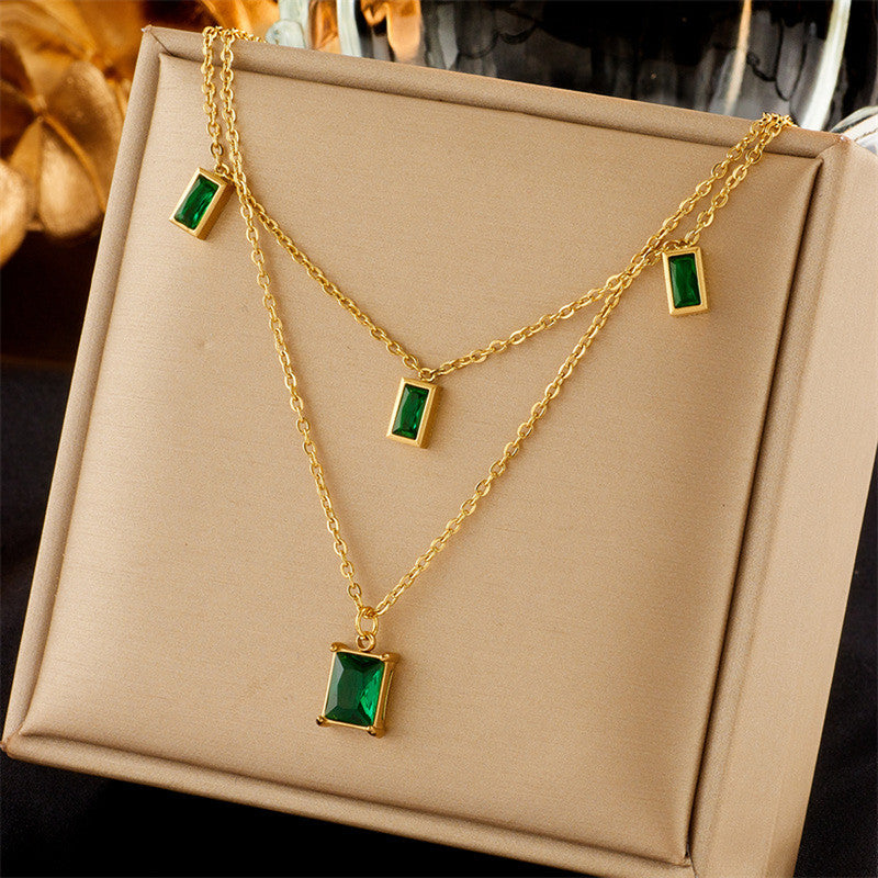 Gold Plated Anti Tarnish Stainless Steel Green CZ studded Geometric Layered Necklace
