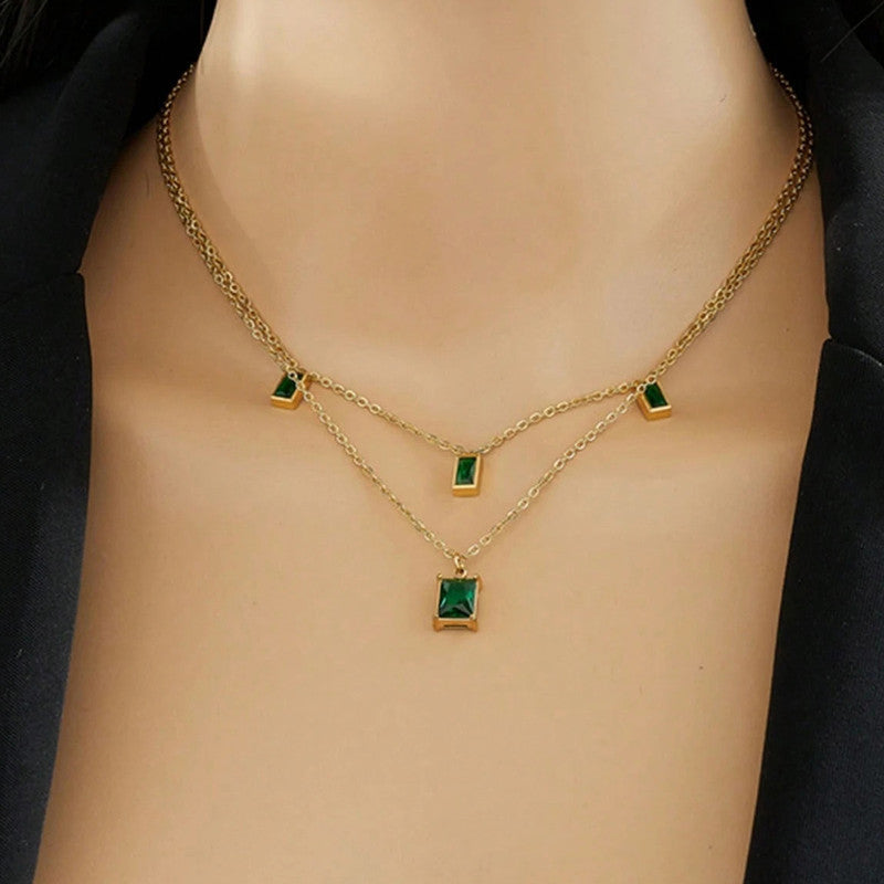 Gold Plated Anti Tarnish Stainless Steel Green CZ studded Geometric Layered Necklace