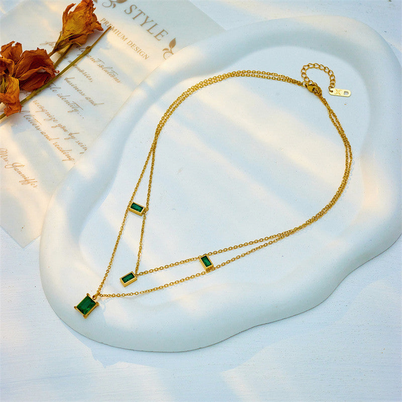 Gold Plated Anti Tarnish Stainless Steel Green CZ studded Geometric Layered Necklace