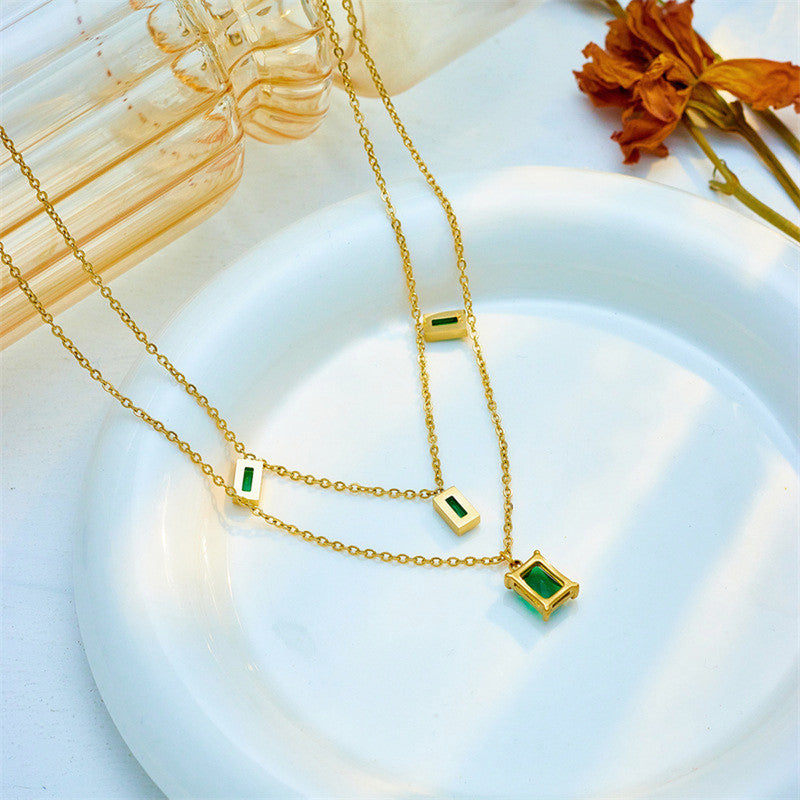 Gold Plated Anti Tarnish Stainless Steel Green CZ studded Geometric Layered Necklace