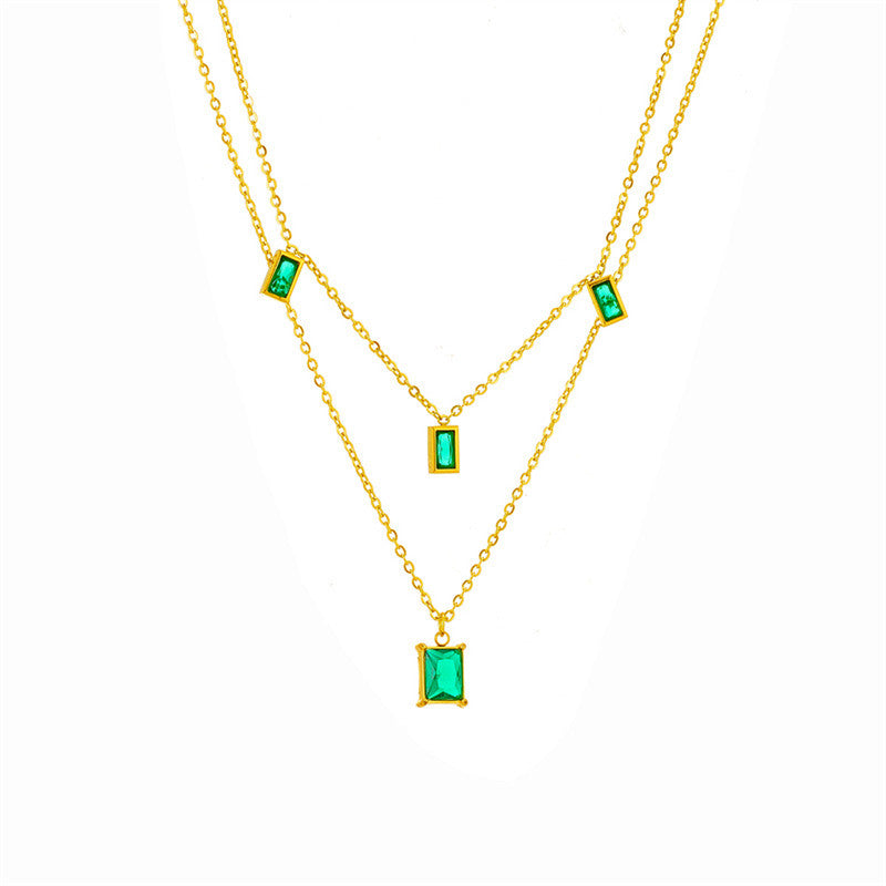 Gold Plated Anti Tarnish Stainless Steel Green CZ studded Geometric Layered Necklace